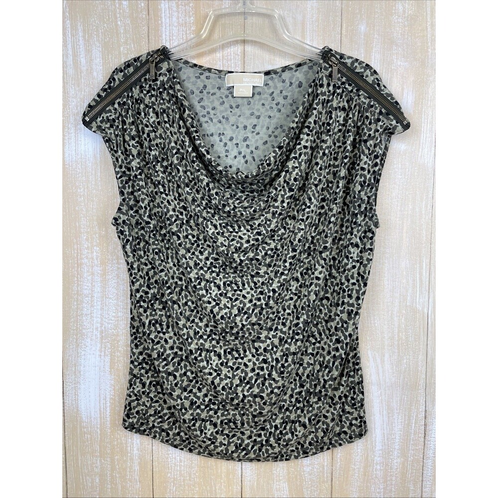 Michael Kors Women’s Petite L Camo Top Zipper Embellished Leopard Cowl Neck Top